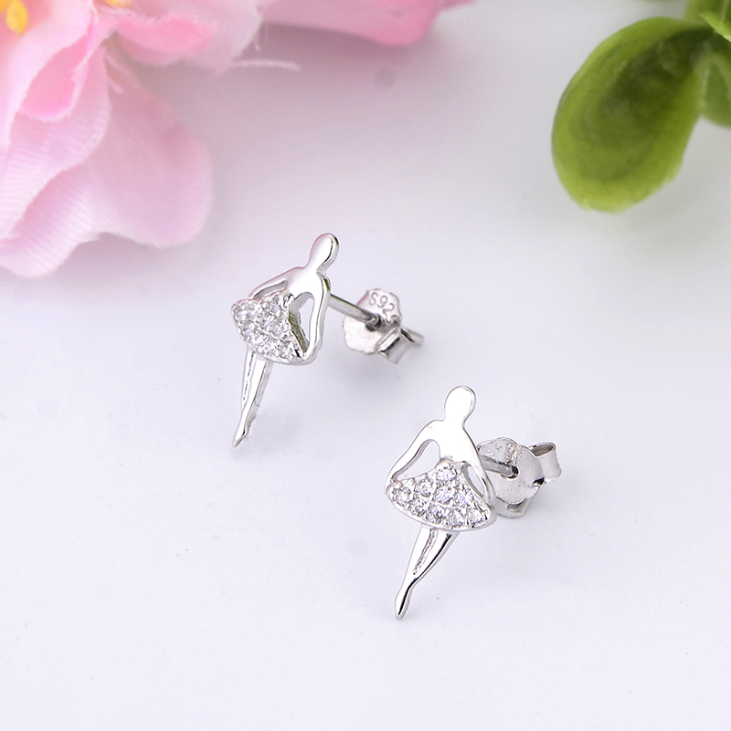 Authentic 925 Sterling Silver Pink CZ Dancing Girl Stud Earrings for Women Girls Fine Jewelry Gift Moda Bijoux
