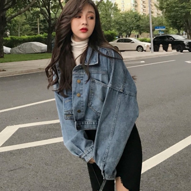 Vintage Casual Female Jacket Oversized Crop Women's Denim Jacket Boyfriend Coat Female Autumn Long Sleeve Women's Bomber Jacket T200319