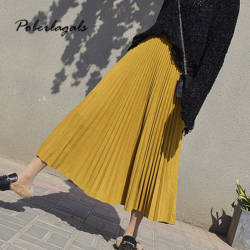 Autumn Winter Women suede skirt High Waist casual Vintage Pleated skirt female Korean Skirt female elegant long Skirts 210306