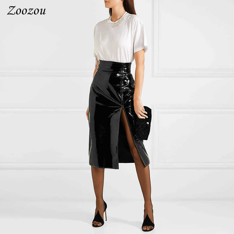 Sexy Black Split Side Patent Leather Pencil Skirt Women's High Waist Knee Length Elegant Office Lady's Latex Custom 210619