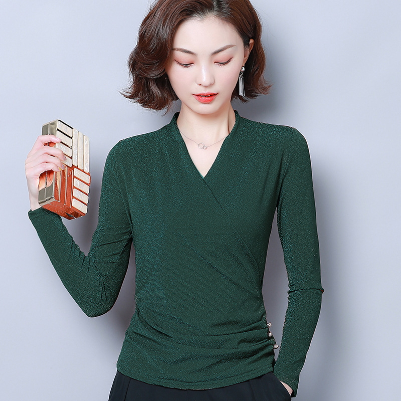 New Long Sleeve Women T Shirt Casual V-neck Slim Autumn Winter Women Tees Tops Ladies Clothes 210302