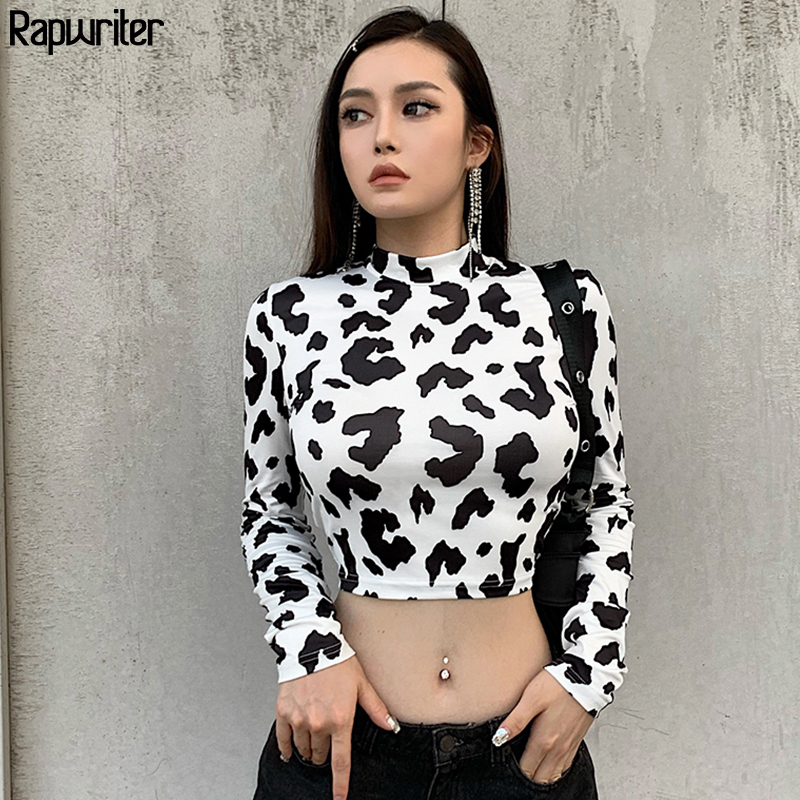 Skinny Tie Dye Women T Shirt Harajuku Slim Milk Cow Print Stand Collar Long Sleeve Sexy Crop Top Tee Fashion Clothes Rapwriter 210302