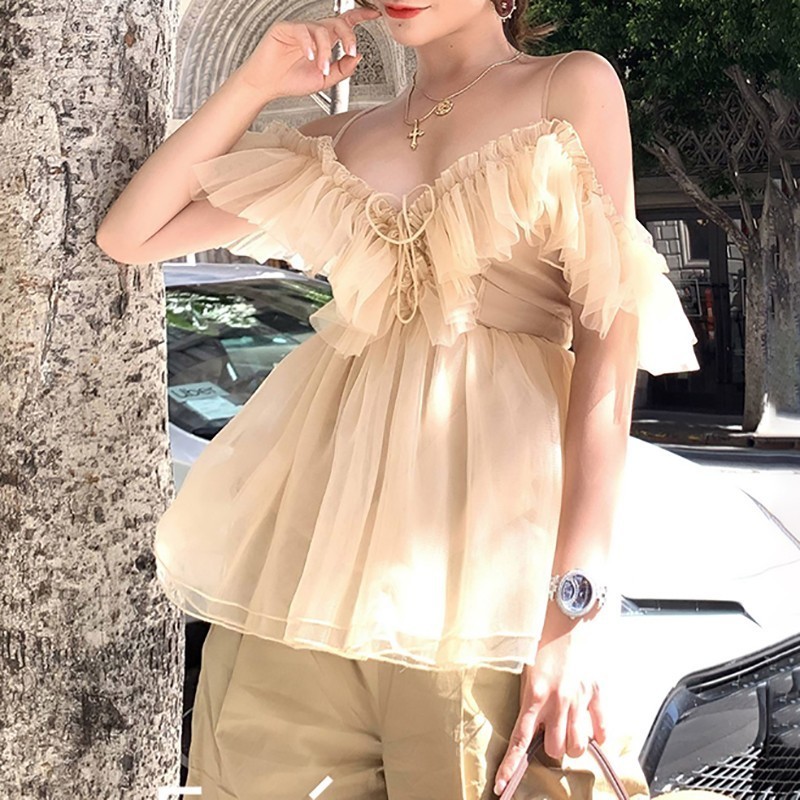 TWOTWINSTYLE Elegant T Shirt For Women V Neck Off Shoulder Tunic Mesh Bandage Tops Female Fashion Summer Clothes New 210308