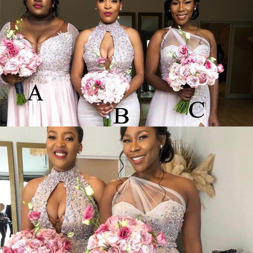 2021 New Sexy African Bridesmaid Dresses Mixed Style Sequined Crystal Beaded Split Country Beach Nigeria Bellanaija Maid Of Honors Prom Gown