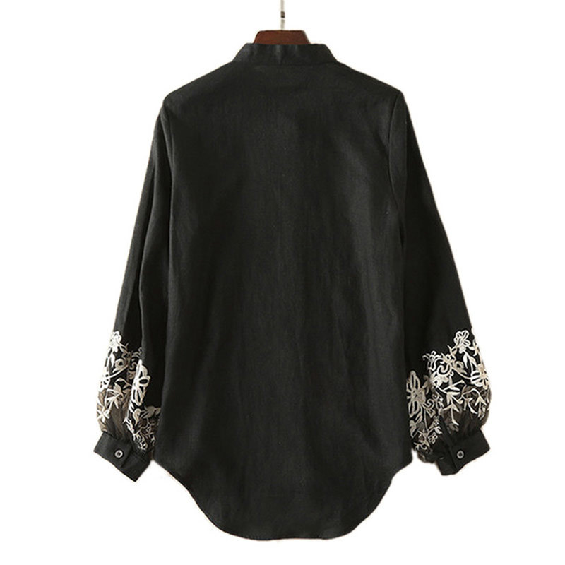 Willstage New Spring Blouse Women Floral Embroidery Long Sleeve Shirts Mesh Hollow out Office ladies OL Work Wear Black Top 210225