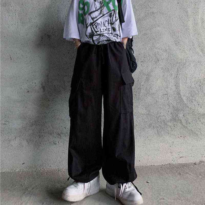QWEEK Harajuku White Cargo Pants Women Vintage HIgh Waist Hip Hop Streetwear Pockets Straight Joker Black Trousers For Female 211115