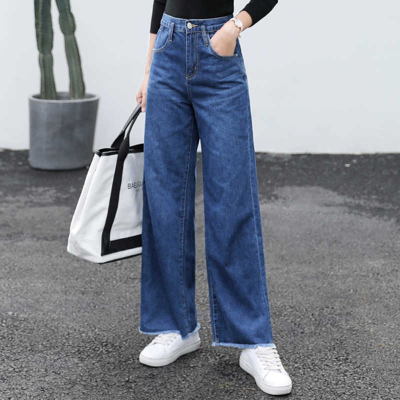 Women Wide Leg Loose Denim Blue Jeans Pant Female Long Trousers High Waist Chic Pants Mom Korean Style Stretch 210922