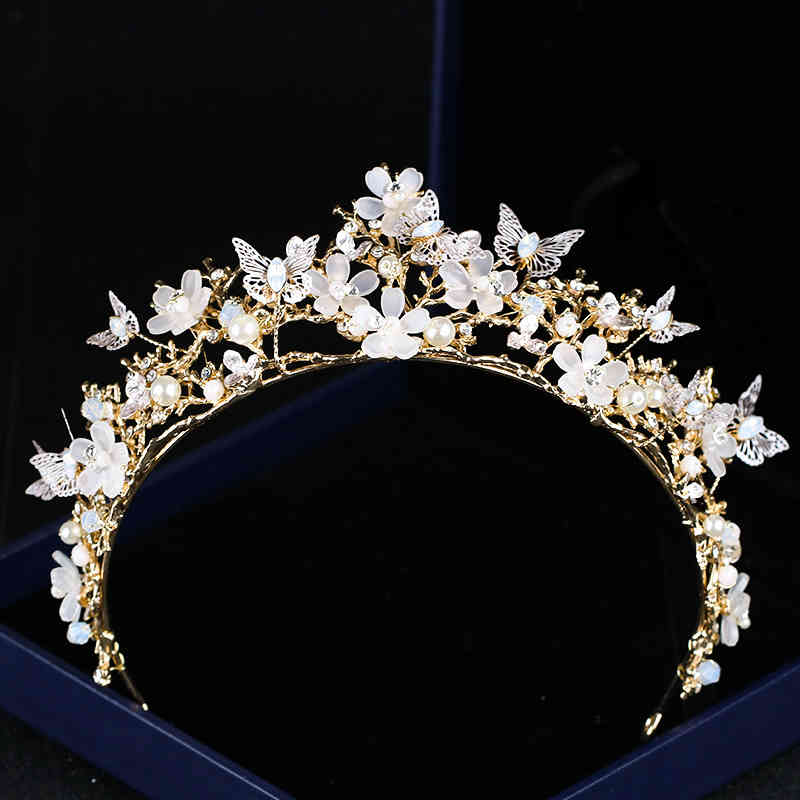 Wedding Hair Jewelry Accessories Butterfly Flower Crystal Crown Headdress Golden Baroque Dress Bridal