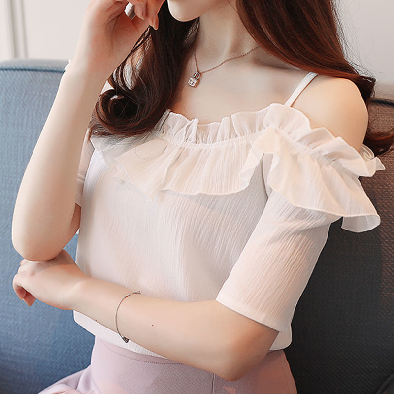 And Ladies Tops Sexy Slash Neck Women's Clothes Short Chiffon White Blouse Shirt Women D825 30 210308