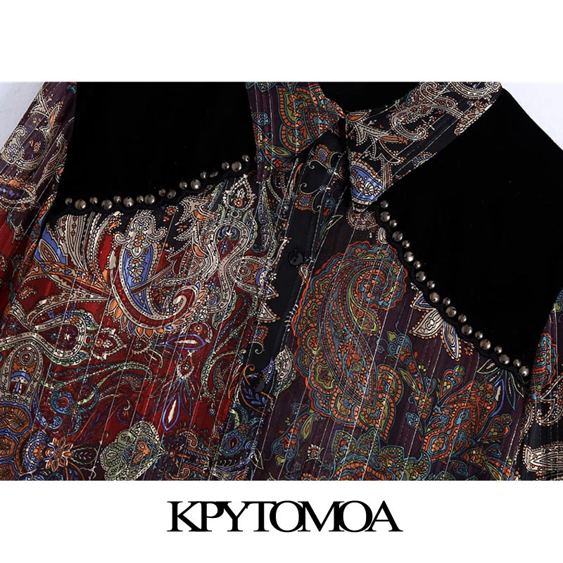 KPYTOMOA Women Fashion Semi-sheer Metallic Thread Printed Velvet Blouses Vintage Long Sleeve Studs Female Shirts Chic Tops 210225