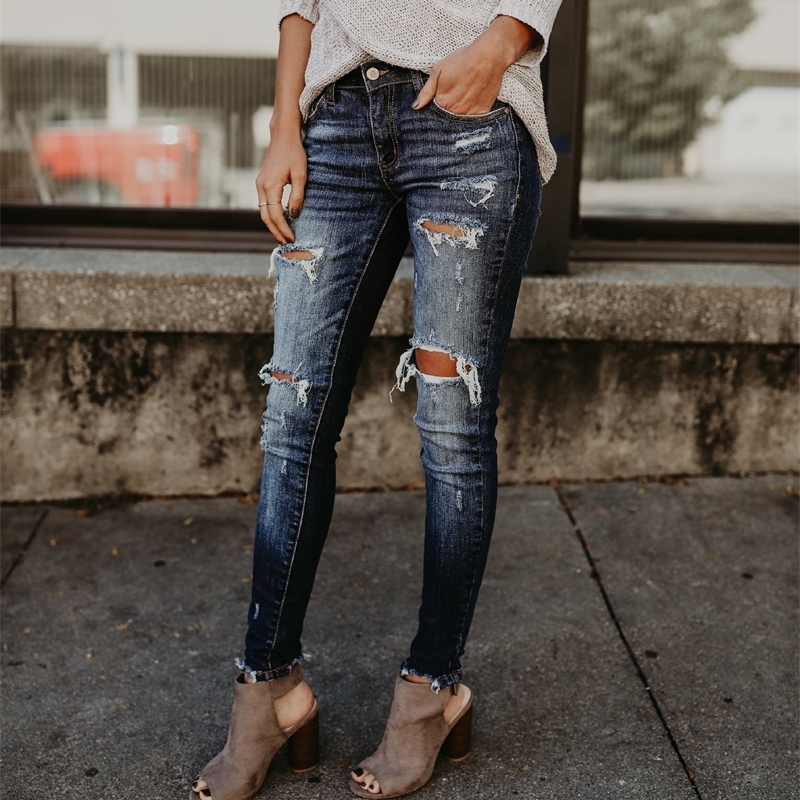 Spring Fashion Bleached Ripped Jeans Women Cotton Denim Slim Elasticity Skinny Pants Moustache Effect Vintage Jeans Femme T200521