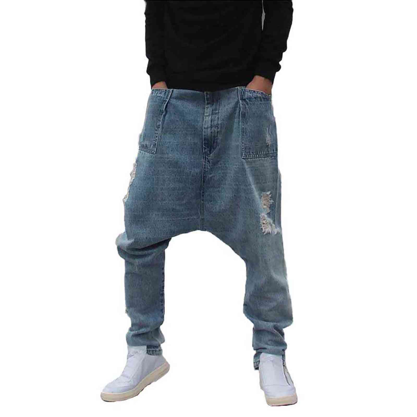 Distressed Streetwear Ripped Harem Jeans Men Casual Loose Baggy Trousers Hip Dropcrotch Denim Pants Male Clothes Big Size 211111