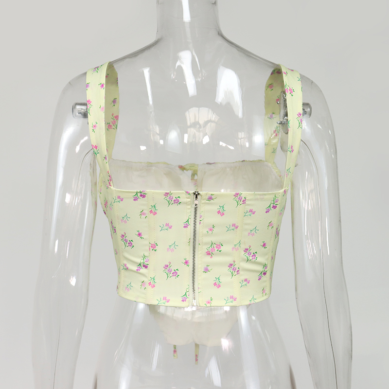 NewAsia Floral Corset Women Sweet Print Hollow Up Tie Up Sexy Crop Top Summer Sleeveless Ruched Boning Bustier Casual Tank Top 210225