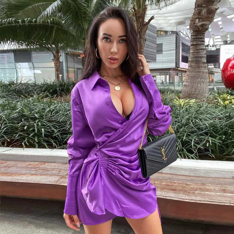 Sexy Shirt Dres Turn-Down Collar Long Sleeve Irregular Button Party Mini es Holiday Purple Satin Shirts 210623