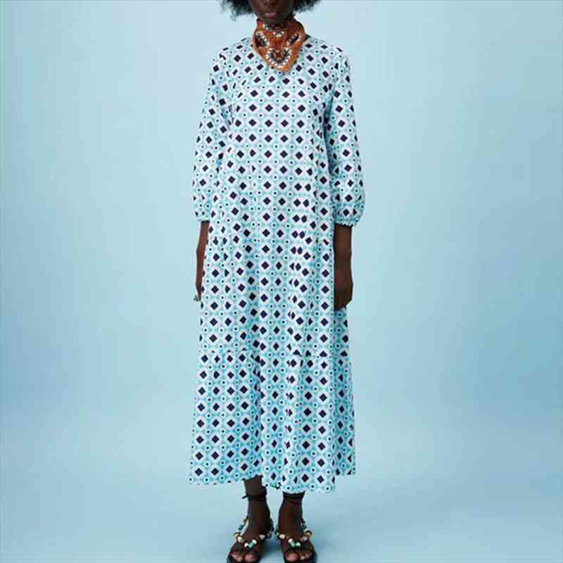 women summer print loose dress vintage 3 4 sleeve o-neck female elegant fashion mid-calf dresses vestidos oyk2508, Black;gray 
women summer print loose dress vintage 3 4 sleeve o-neck female elegant fashion mid-calf dresses vestidos oyk2508, Black;gray