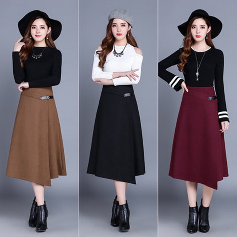 Autumn Winter Formal ALine Long Skirt For Girls AllMatch Plus Size Solid MidCalf Irregular Bust Skirt Women's T200113