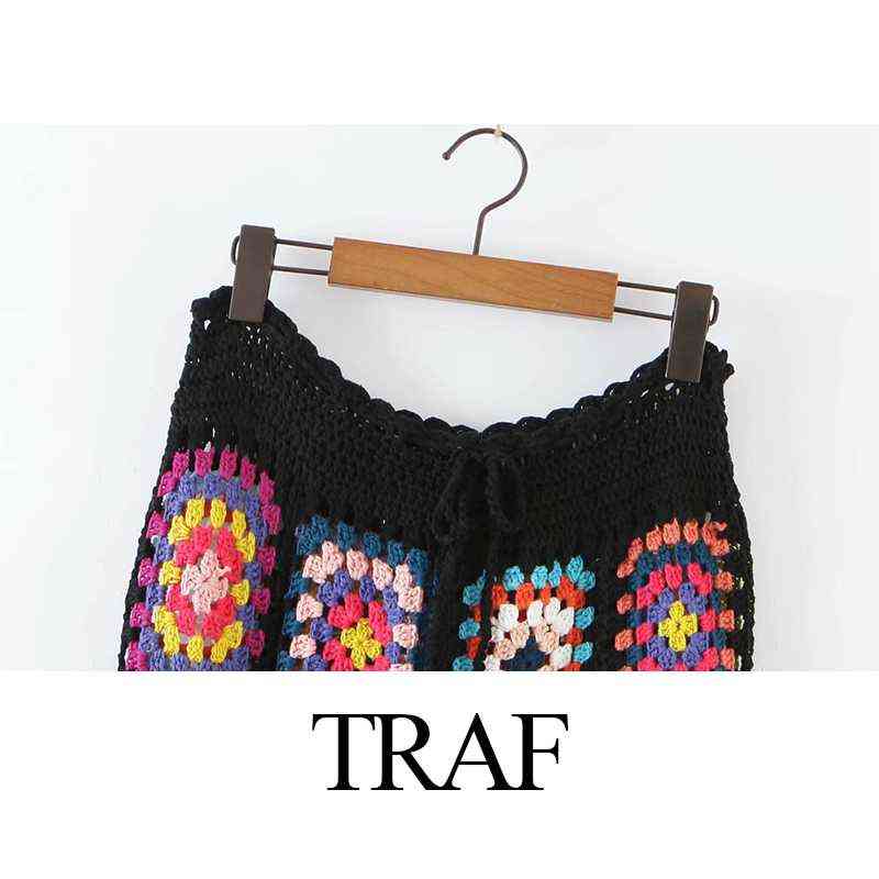TRAF Women's Clothes Pants Handmade Crochet Sexy Hollow Out Black Square Motif 4 Season Women Special 211115