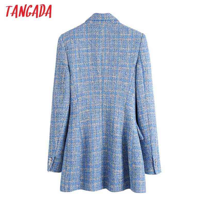 Tangada Women Double Breasted Tweed Blue Blazers Coat Office Lady Long Sleeve Pockets Female Outerwear BE508 211122