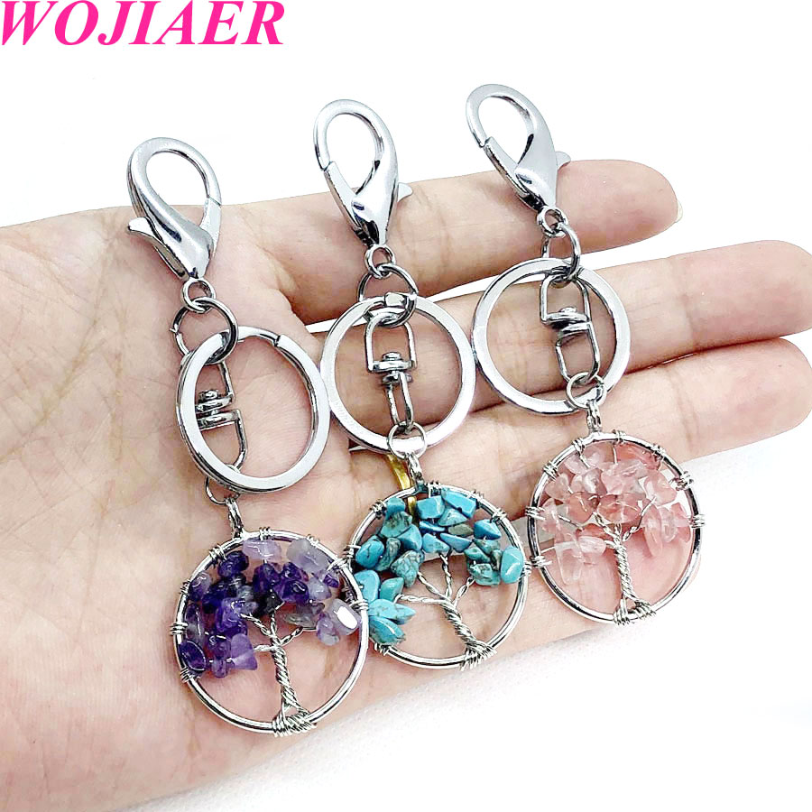 WOJIAER Natural Stone Key Chains Tiger s Eye Obsidian Tree of Life Reiki Pendant Crystal for Bag Car Ladies Jewelry DBW911