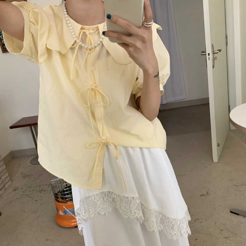 Causal Short Sleeve Women Shirts Blouses Sweet Korean Bow Tie Peter Pan Collar Tops Blusas Feminimos 6G634 210603
