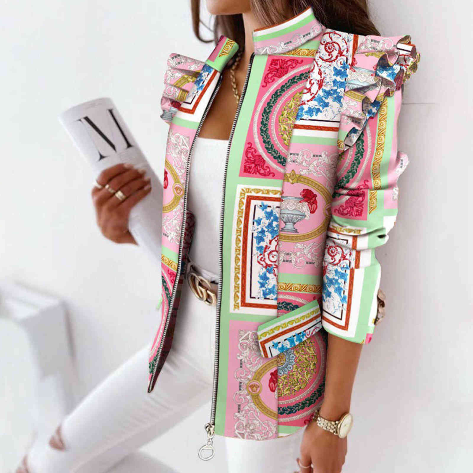 Casual Plaid Zip Blazer Jacket Women Spring Fall Long Sleeve Stand Neck Slim Coats Elegant Leopard Ruffle Office Suit Coat 211122