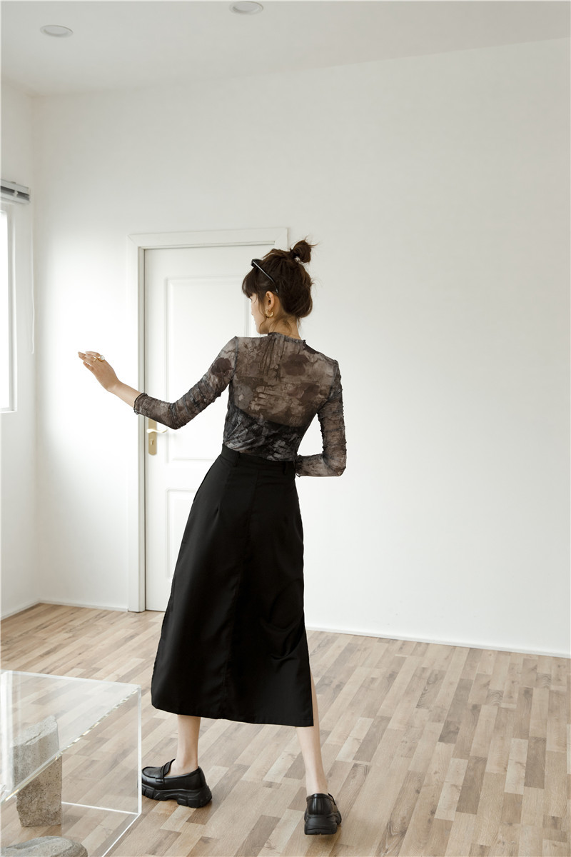 CHEERART Tulle Transparent Top Long Sleeve T Shirt Women Abstraction Print See Through Ladies Top Women Clothing 210302