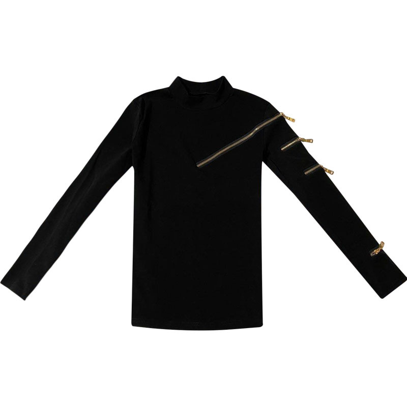 Zipper Deco Women T-shirts Femme Strechy Cotton T-shirts Lady Zipper Pullovers Tp[s 210302
