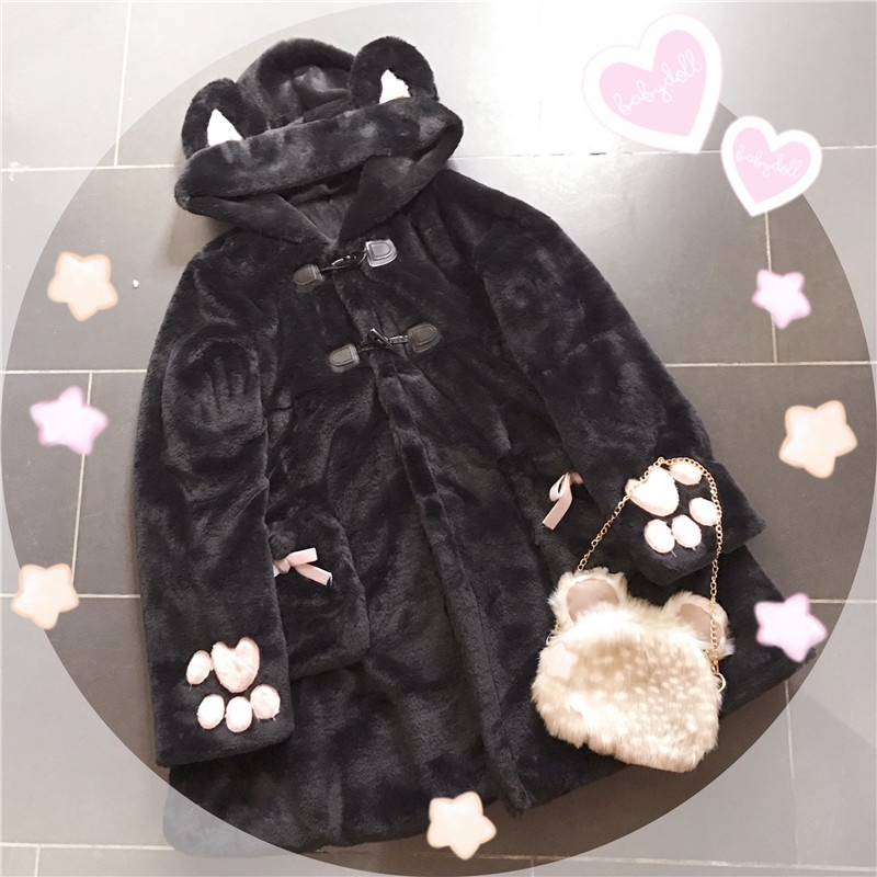 Women Winter Cartoon Fur Coats Japanese Kawaii Sweet Cat Paw Embroidery Faux Fur Soft Sister Long Warm Overcoat With Ears Hooded