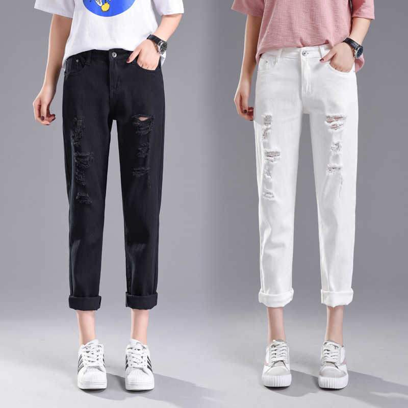 Ripped Jeans For Women Black Mom High Waist Ankle Crop Vintage Baggy Denim Pants Loose Korean Green 210809