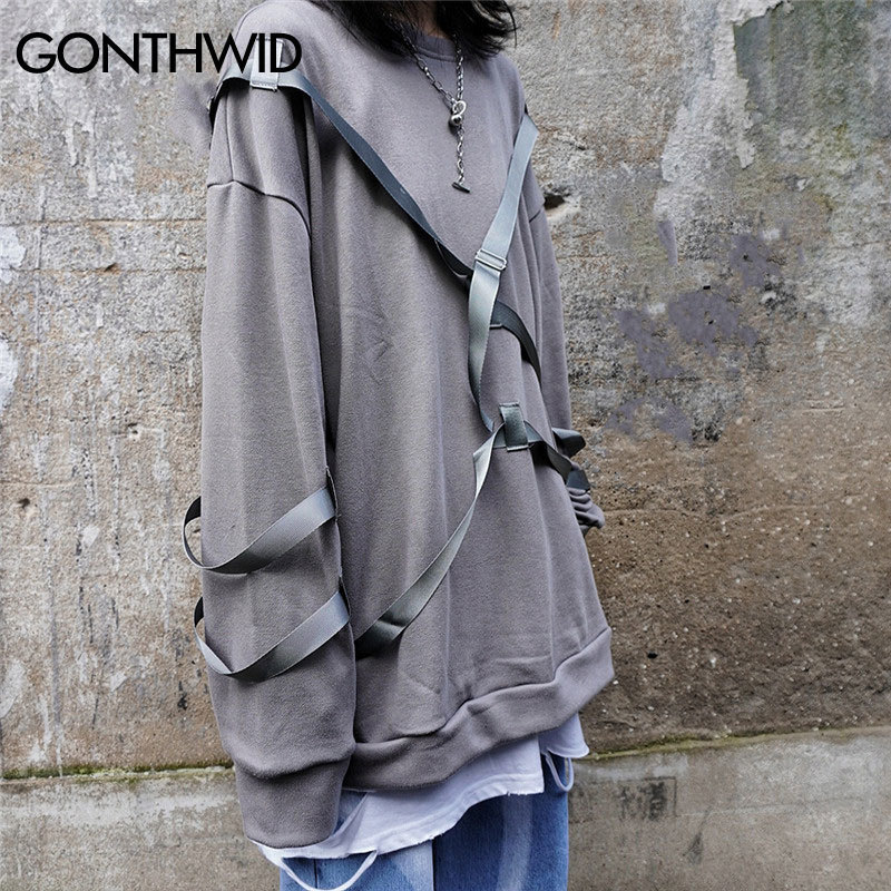 GONTHWID Ribbons Pullover Sweatshirts Hoodies Streetwear Men Hip Hop Punk Rock Solid Color Tops Hipster Fashion Casual Hoodie 201020