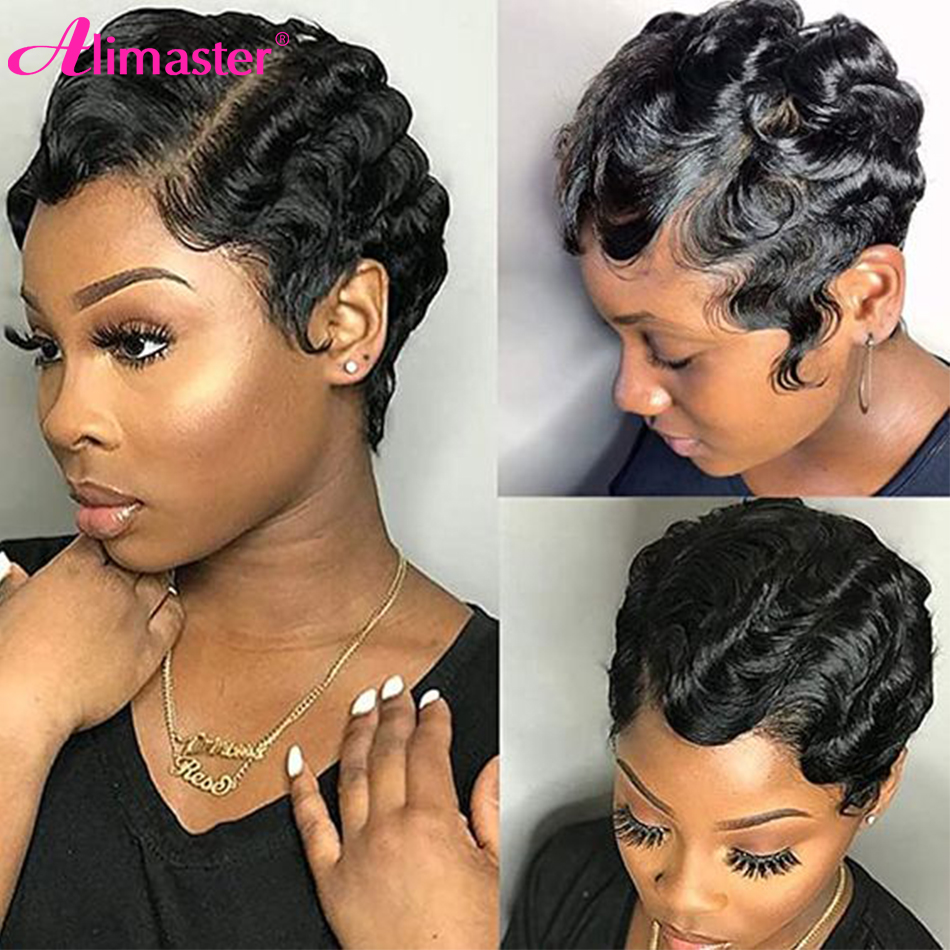 Short Pixie Cut Human Hair Wigs Really Cute Finger Waves Hairstyles for Black Women Full Machine Made Wigs Perruque Cheveux