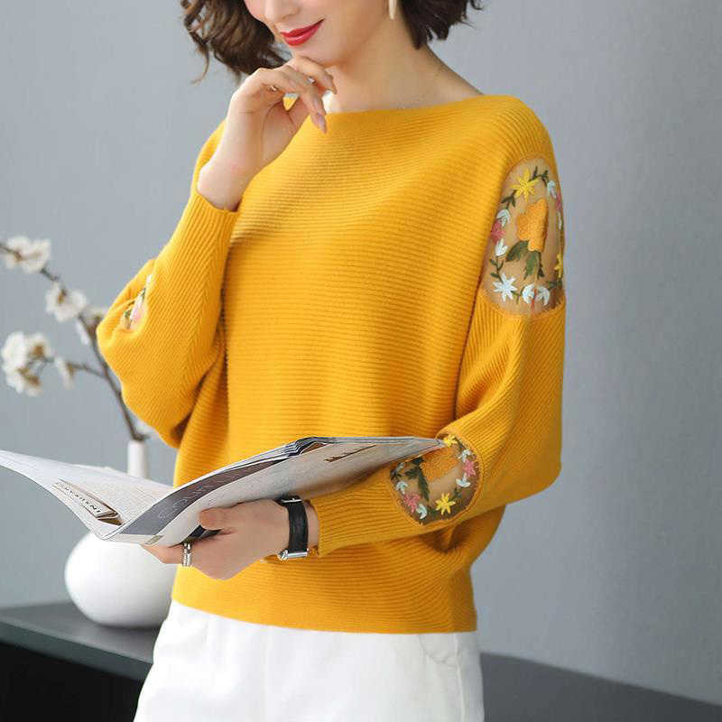 Flower Embroidery Batwing Sleeve O-Neck Spring Sweaters Women Casual Loose Knitted Pullovers Large Size Knitwear Tops Female 210918