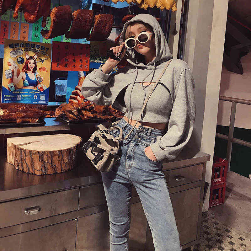 Women Fashion Casual Jogging Hoodies(with Camisole)Korean Loose Short Sweatshirt Female Loose Cropped Hoodies Streetwear Hooded 211108