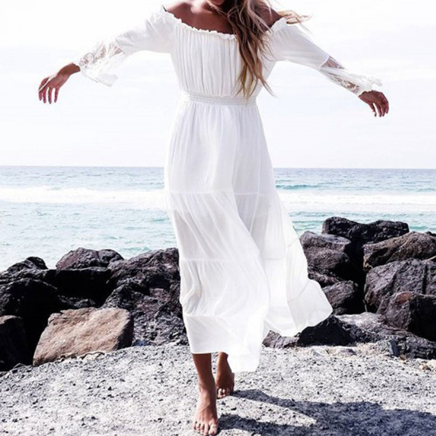 TEELYNN long boho dress white cotton rayon sexy off the shoulder beach sundress long sleeve splice lace women dresses vestido 210309