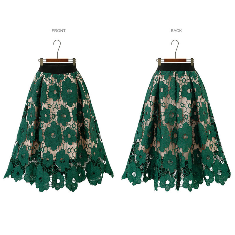 Good Quality Summer High Elastic Waist Lace Skirt Women Vintage Floral Crochet Hollow Out Ball Gown ALine Midcalf Skirt 210306