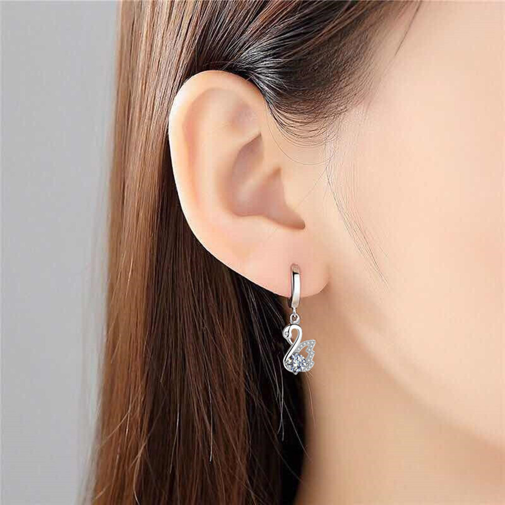 Swan Hoop Earrings 925 Sterling Silver Women's Fashion Jewelry Blue White Crystal Zircon Long Tassel