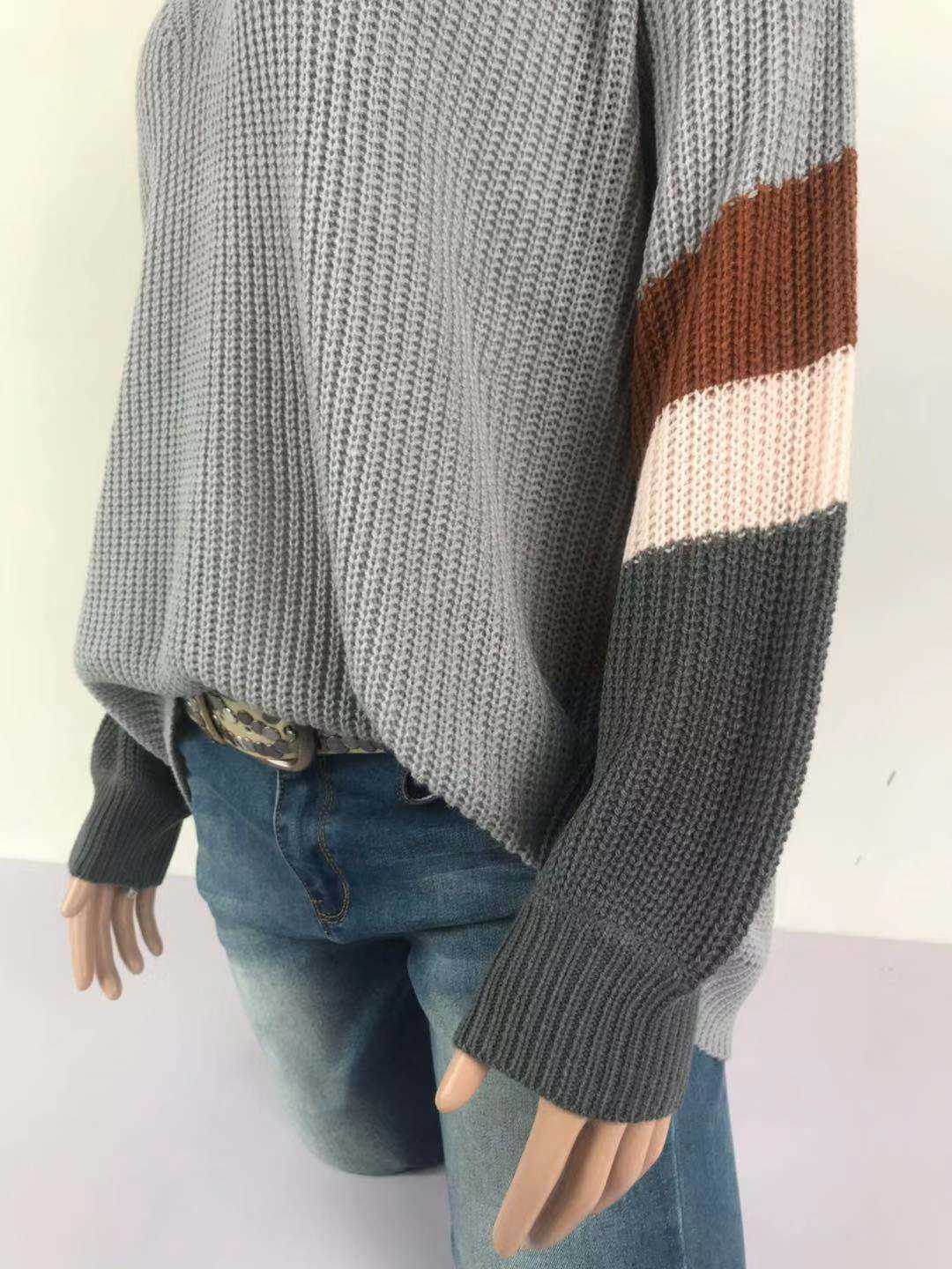 V Neck Striped Patchwork Sleeve Knit Sweater Women Loose Pullover Fall Sweaters and Pullovers Fashion 210914