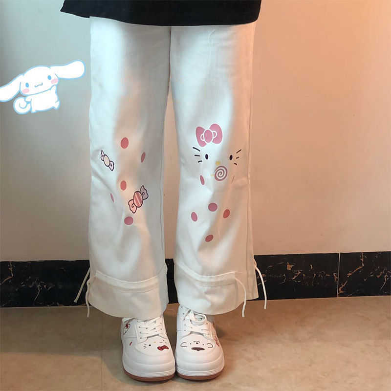QWEEK Kawaii Cartoon Print White Wide Leg Pants Women Korean Fashion Cute Oversize Loose Trousers for Female Soft Girl Pink 211115
