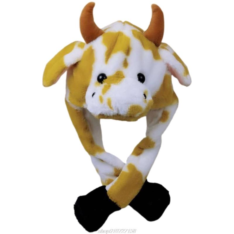 Beanie/Skull Caps LED Light Up Plush Animal Hat With Moving Jumping Ears Multicolor Cartoon Milk Cow Earflap Cap Stuffed Toys JY08 21 Dropsh