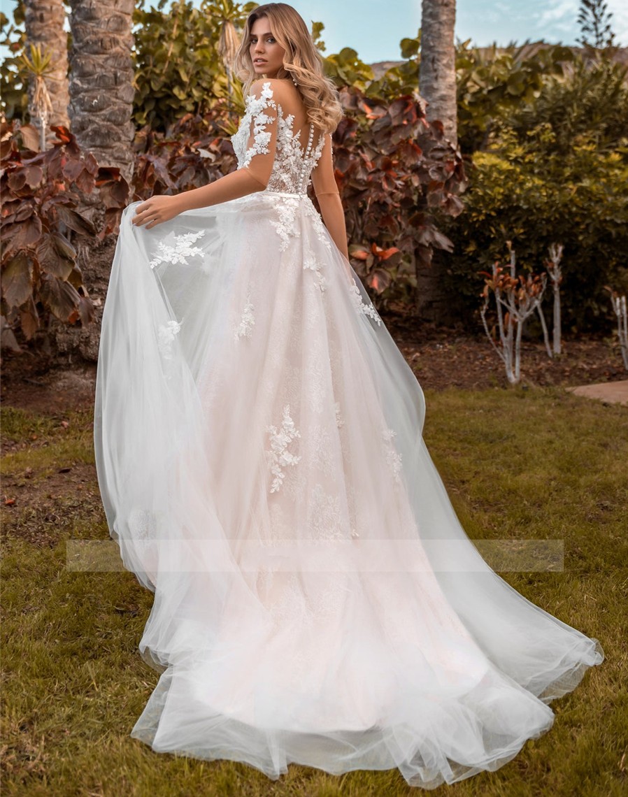 Bohemian Boho Sleeves Wedding Dress Ivory Blush Light 3d Lace Flower Tulle Skirt Half Sleeve Embroidered Illusion Bridal Gowns 2022 Vestido de Novia R