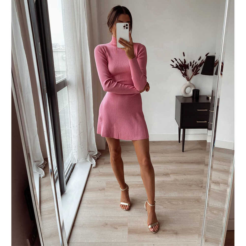 Women Knit Dress Long Sleeves High-Neck Elastic Mini Dress Fashion Elegant Chic Lady Slim Fitted Woman Dresses 210709