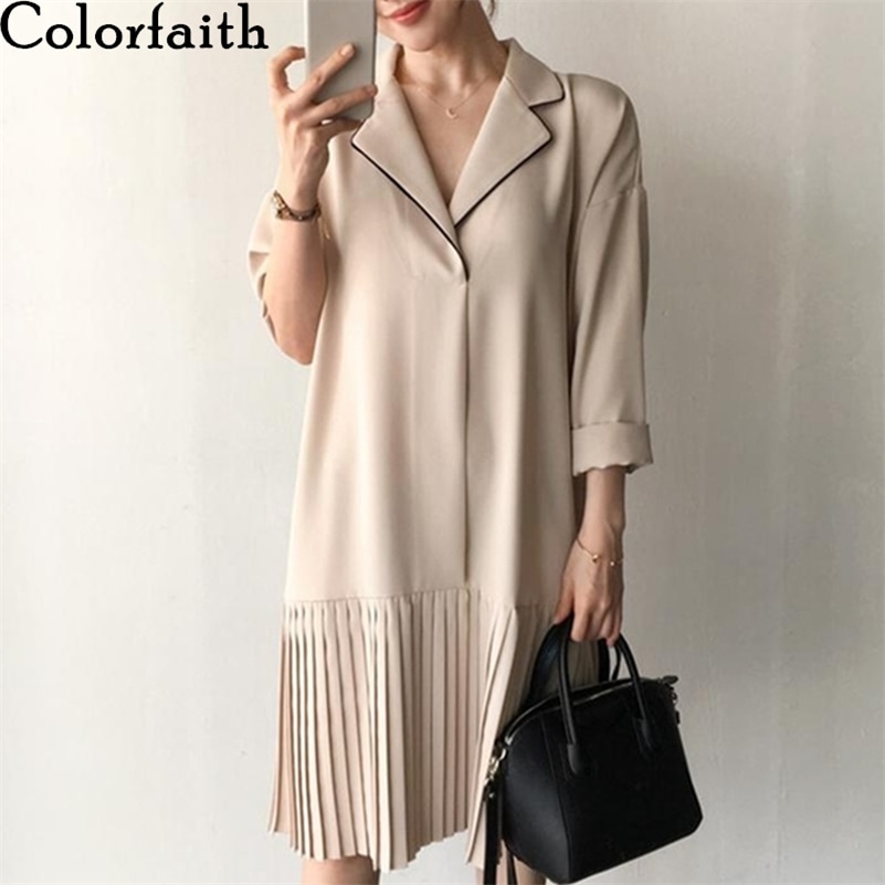 Colorfaith New Spring Summer Women Shirt Dresses Vintage Patchwork Fashionable Elegant Oversize Pleated Midi Dress DR1406 210303
