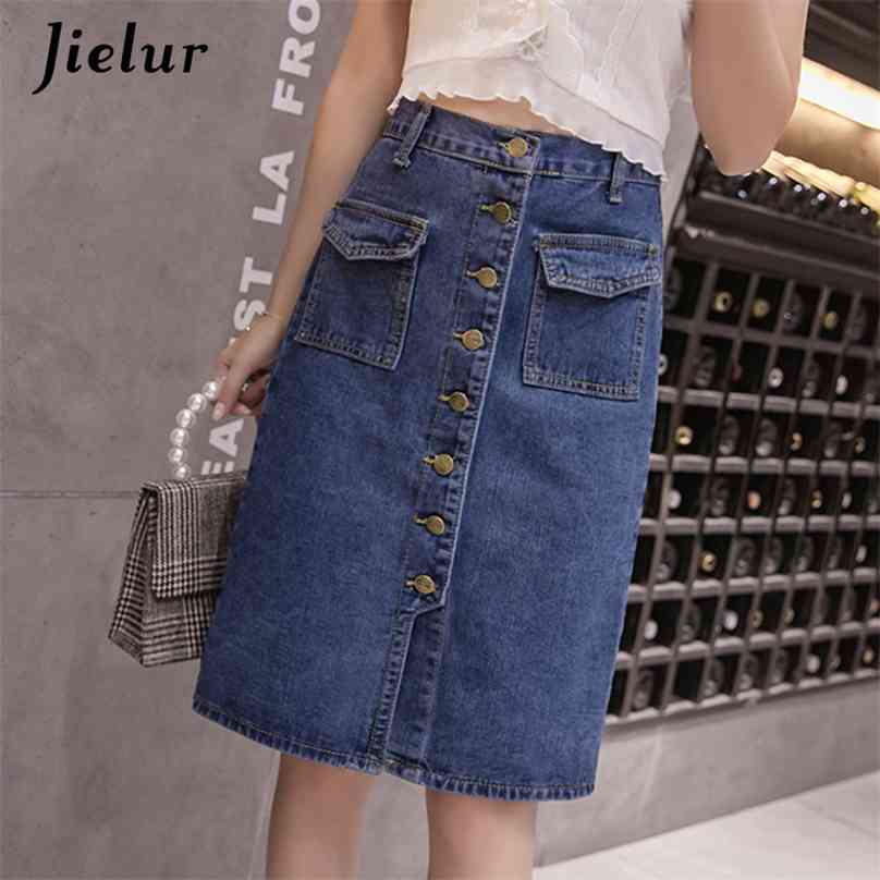 

Jielur High Waist Denim Skirts Plus Size Buttons Pockets Classic Jeans Skirt for Women -5XL Fashion Korean Elegant Jupe Femme 210629, Blue