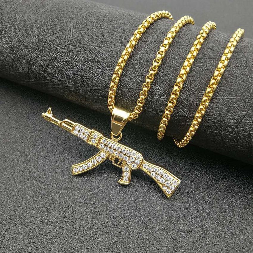 Hip Hop Jewelry Titanium Steel Gold Plated Diamond Ak47 Pendant Necklace 6CC3