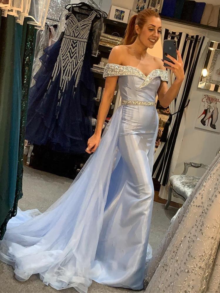 Sparkly Crystals Beads Evening Dresses With Detachable Train Off the Shoulder Mermaid Formal Party Prom Gowns Custom Size Robe De Mariée
