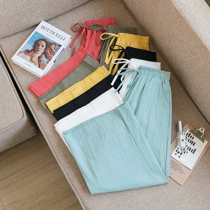 Women Wide Leg Pants Spring Summer Cotton Linen Calf-Length Casual Loose Solid Elastic Waist Soft Straight Trousers Female 210526