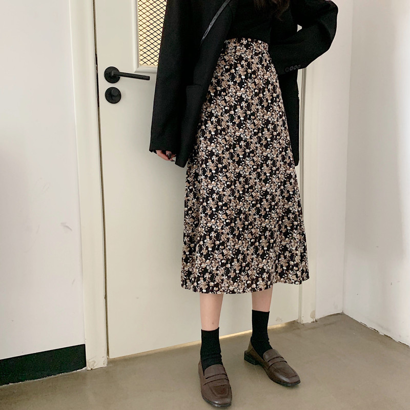 Autumn Print Casual Fashion for Women Spring Summer Elegant Female Vintage ALine Skirt 210306