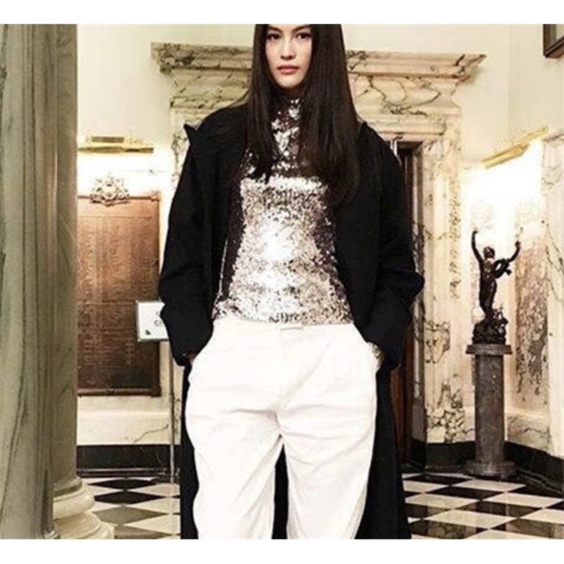DEAT New Spring Fashion Women Turtleneck Full Sleeves Sequins Slim Tshirt Femael Sliver Brling Top WC83910S T200110