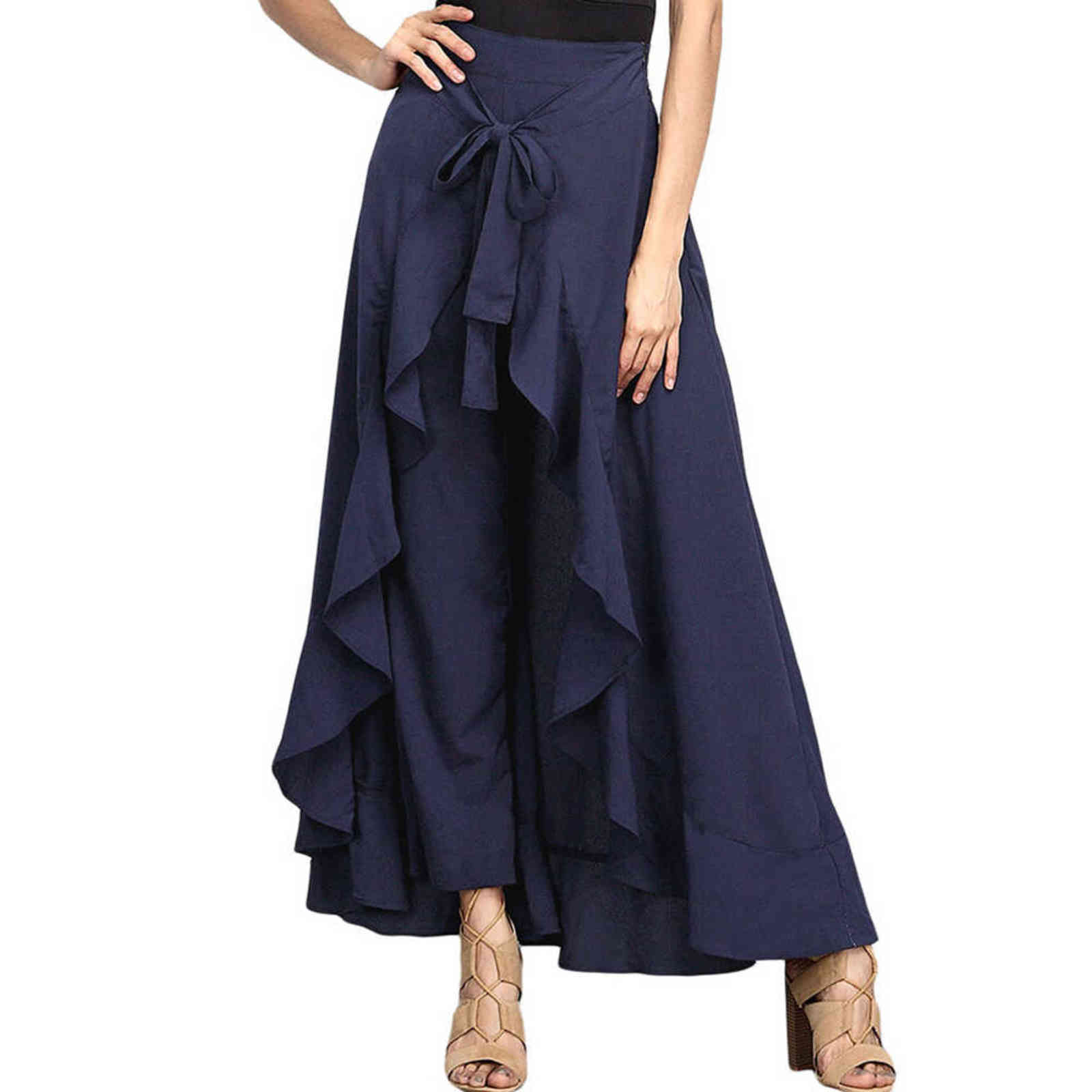 Women Pants Causal Ruffle Drawstring Trouser Elegant High Waist Irregular Loose Pure Color Autumn Female Pant Skirt 211115