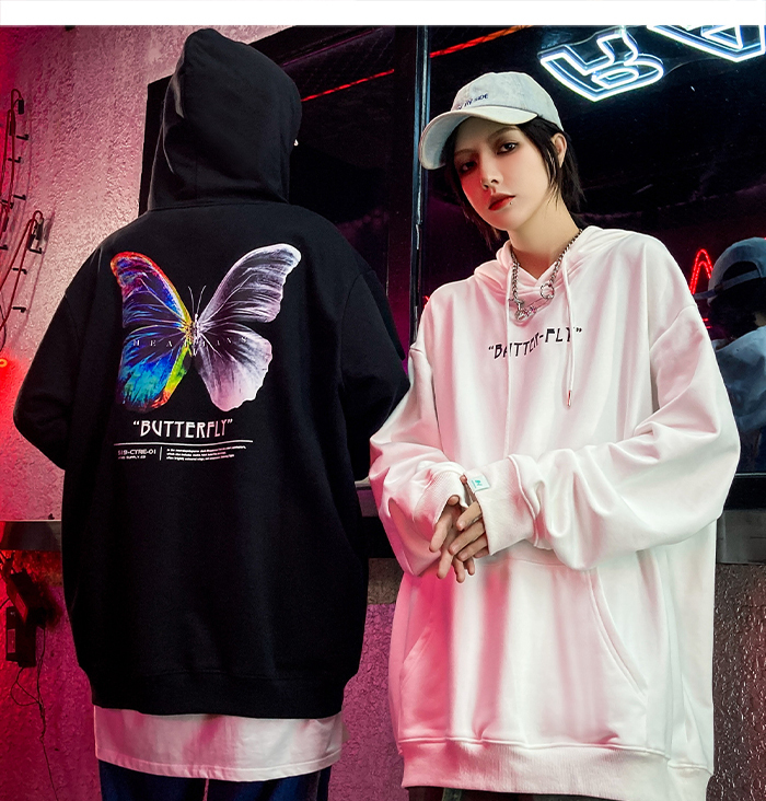 Harajuku Butterfly Hoodie Swatshirt Men Color Butterfly Hip Hop Streetwear Hoodie Fleece Winter Autumn Hoodie Black Unisex 201127